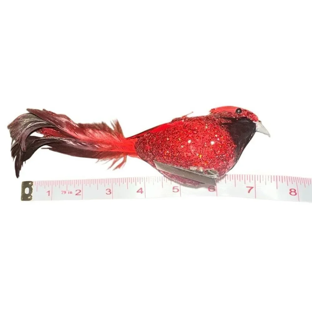 *NEW* 12 Beautiful red glitter clip on cardinal birds with feathers